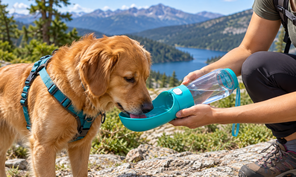 Dog drinking from a portable water bottle while hiking