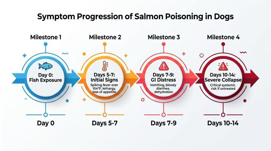 Day 0: Exposure / Ingestion of raw fish or carcass Day 5–7: Initial signs (Spiking fever over 104°F, lethargy, refusal to eat) Day 7–9: Severe gastrointestinal distress (vomiting, bloody diarrhea, dehydration) Day 10–14: Critical systemic collapse if left untreated