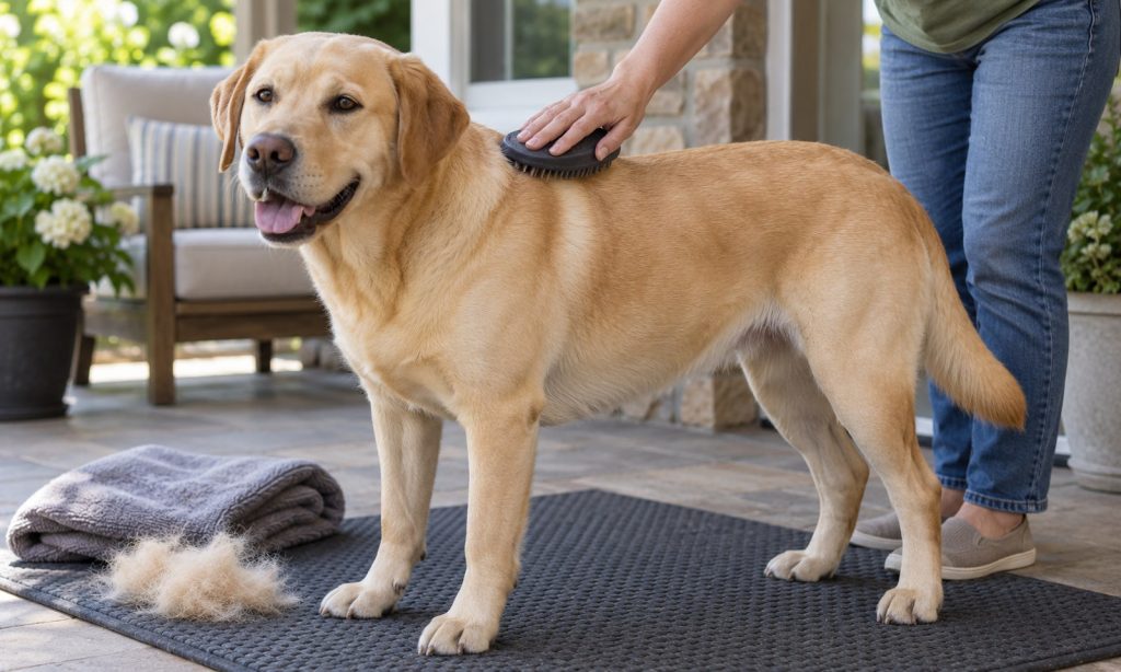 Owner gently brushing a short-haired yellow Labrador on a shaded patio