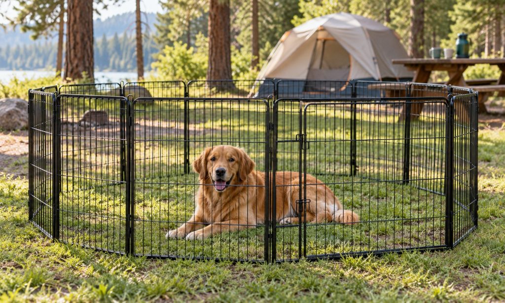 Golden retriever relaxing inside a portable metal dog fence at a forest campsite