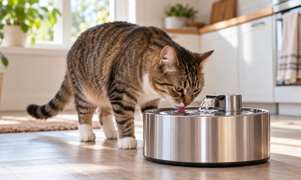 A cat drinks from a stainless steel water fountain in a bright home.