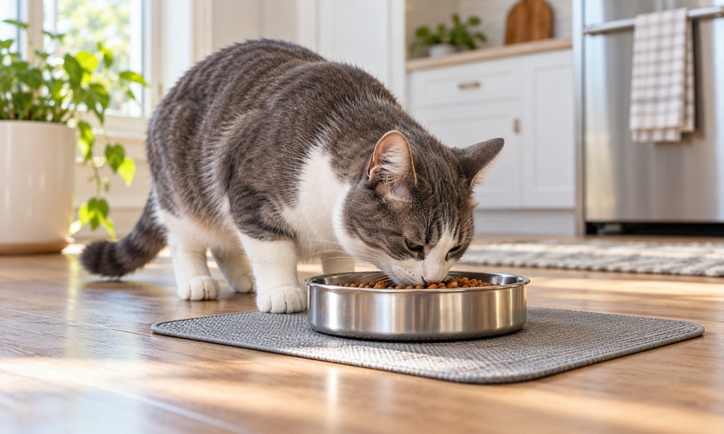 A cat eats from a shallow stainless steel food bowl on a feeding mat.