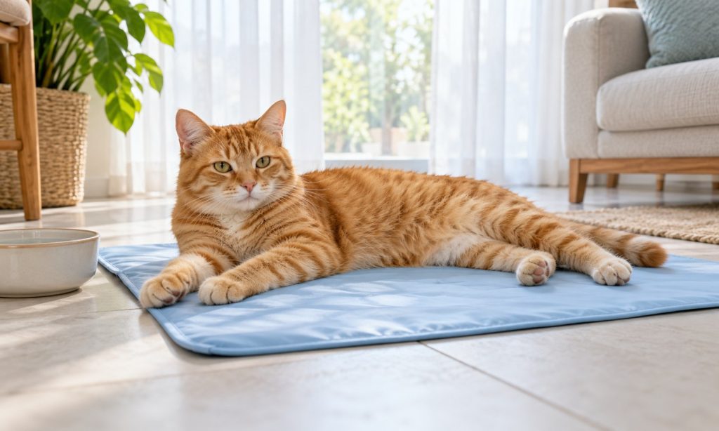 Cat relaxing on a cooling pad in a shaded room
