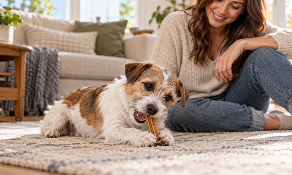 Small terrier chewing a dental treat under supervision