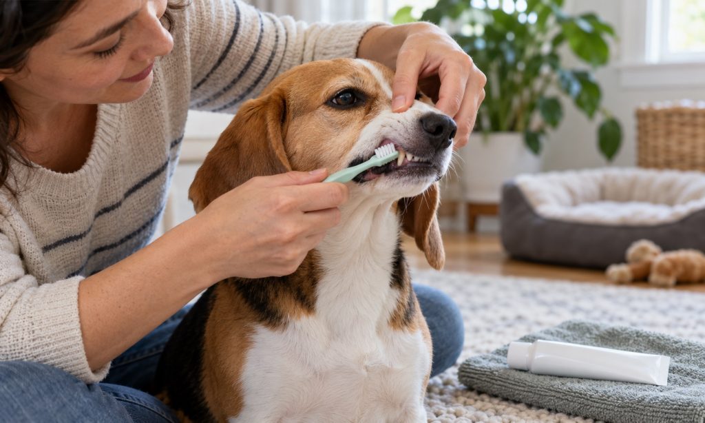 Beagle receiving gentle toothbrushing with a dog toothbrush