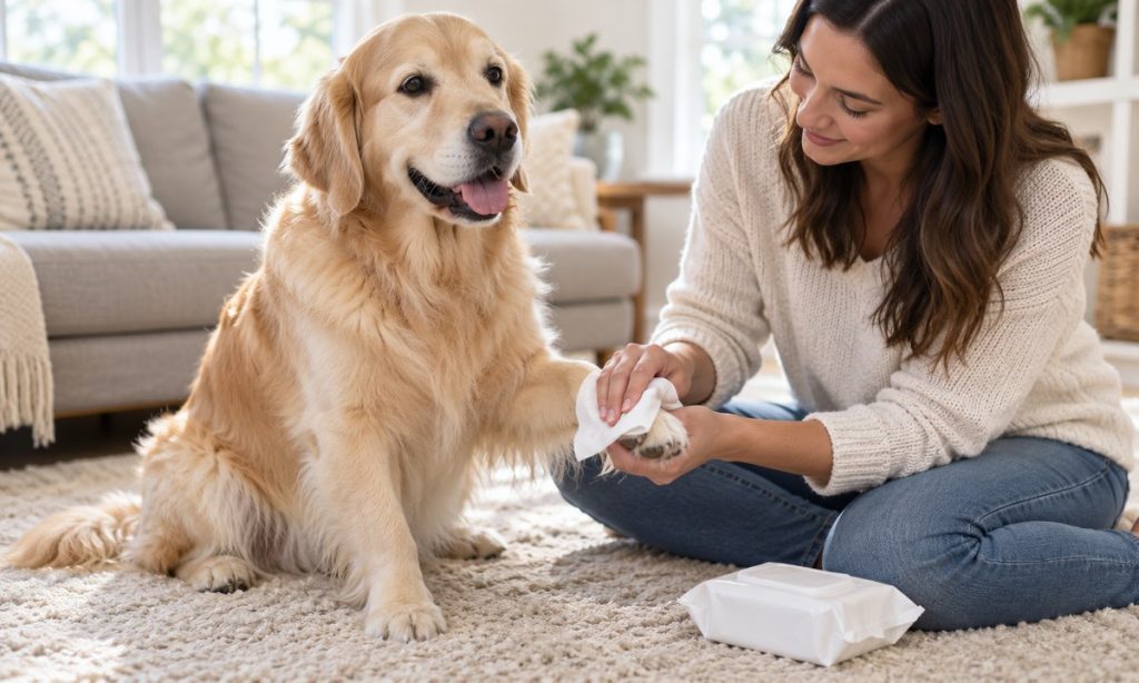 Owner gently wiping a golden retriever’s paw with a plain pet wipe at home