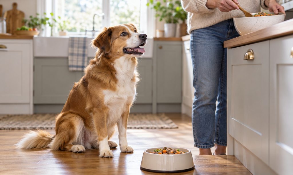Dog beside a bowl as its owner prepares a meal