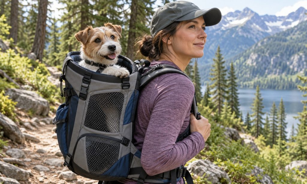 Hiker carrying a small dog in a backpack carrier on a trail