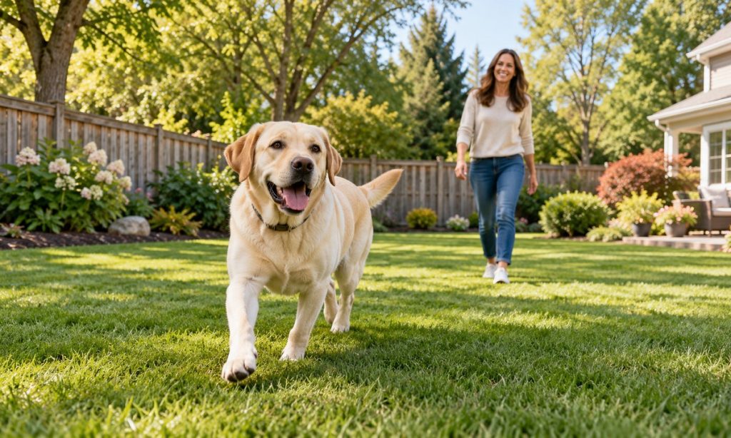 Large dog in a spacious yard enclosed by a dog fence
