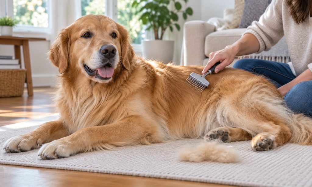 Golden retriever being gently groomed with an undercoat rake