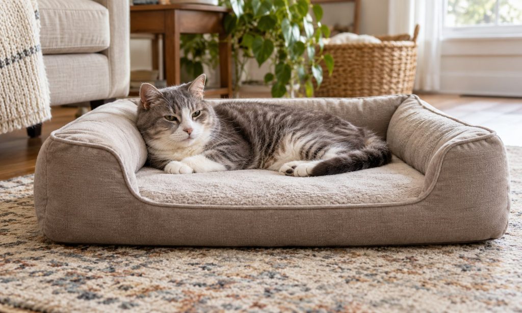 Senior cat resting comfortably on a supportive pet bed