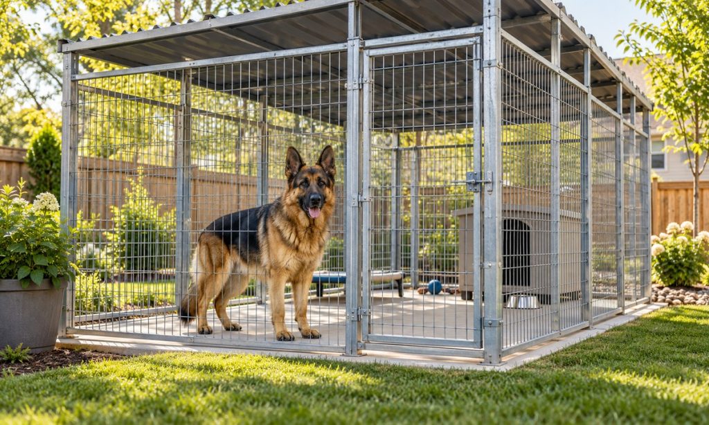 Large outdoor dog kennel with a shaded, secure enclosure