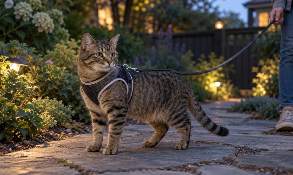 Tabby cat wearing a reflective harness outdoors