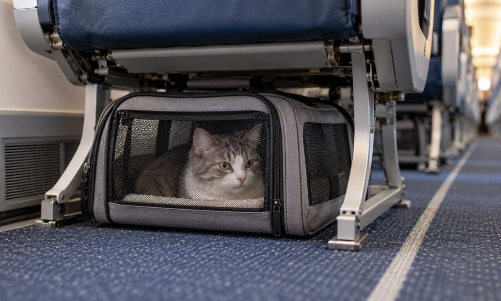 Gray and white cat resting in a ventilated soft carrier beneath an airplane seat