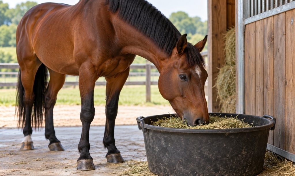 Healthy horse eating a measured feed portion in a clean feeding area