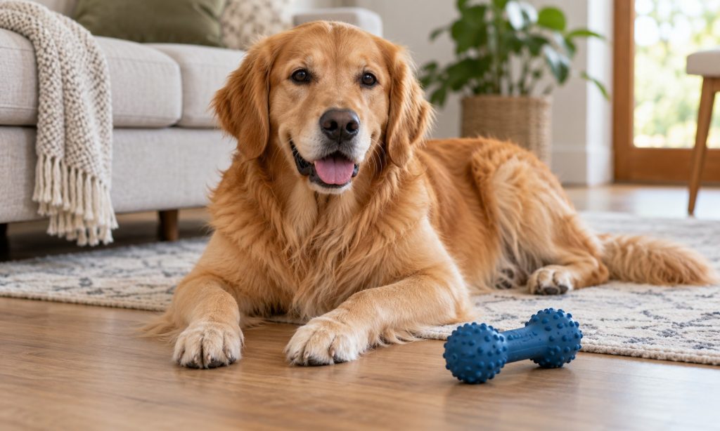 Golden retriever beside a rubber chew toy, illustrating safer chewing options for dogs