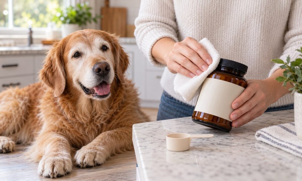 An owner wipes the closed exterior of a dog supplement bottle beside a senior dog.