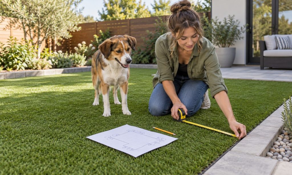 A homeowner measures a dog’s artificial turf yard beside a friendly dog.