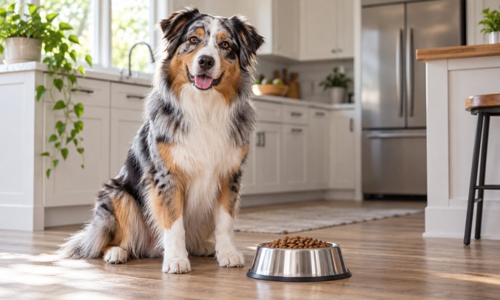 Australian Shepherd beside a bowl of dry dog food