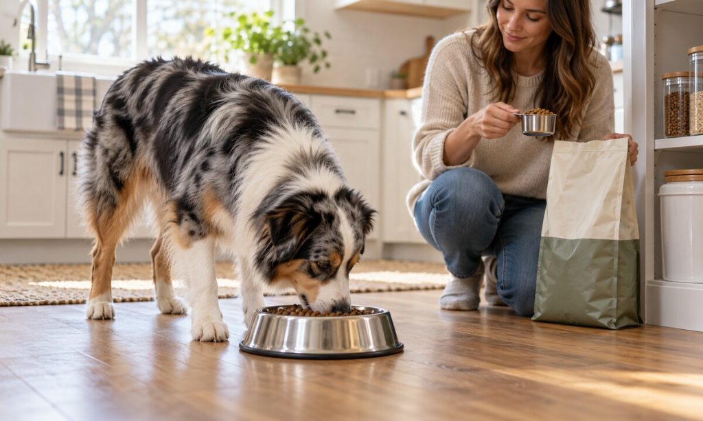 Australian Shepherd eating a measured meal while its owner checks a food scoop in a bright kitchen.