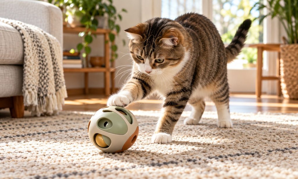 Indoor cat batting a stable activity ball during independent play in a sunlit room