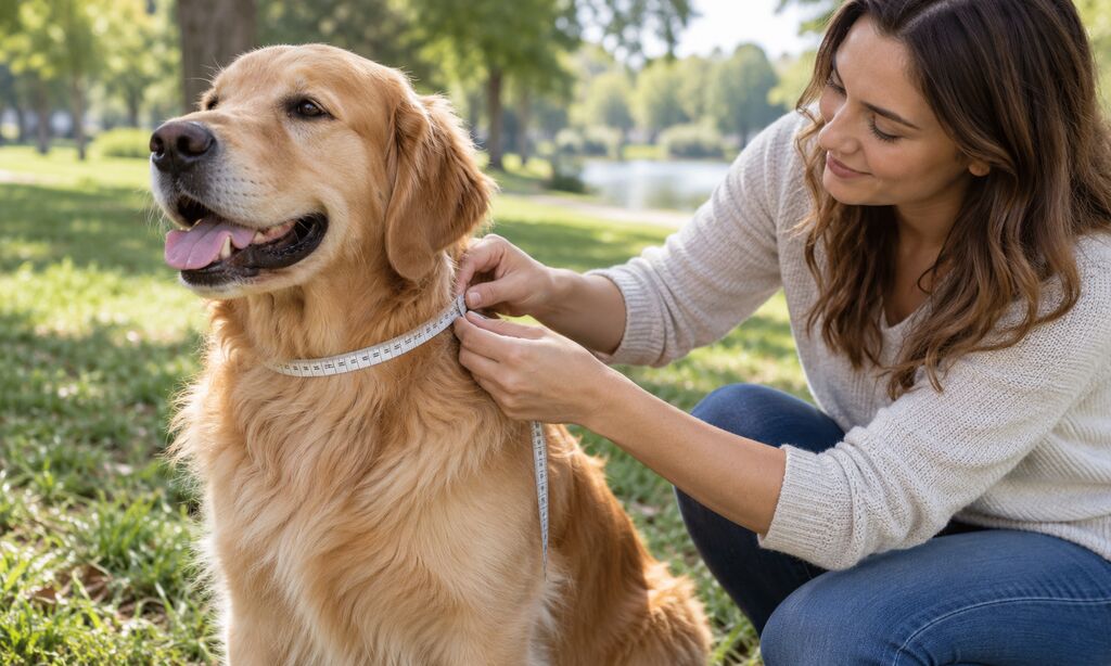 Owner gently measures a relaxed large dog’s neck with a soft tape in a park.