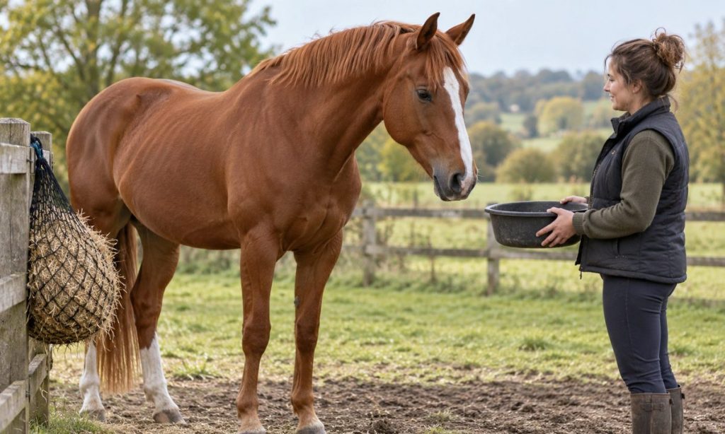 Calm horse beside hay and a plain feed bowl