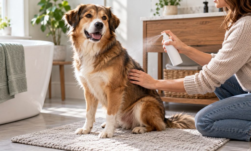 Calm dog receiving gentle coat care spray at home