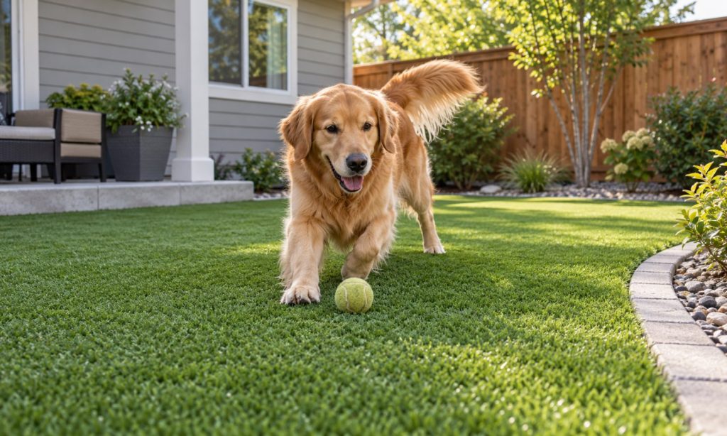 Golden retriever playing on artificial turf in a backyard