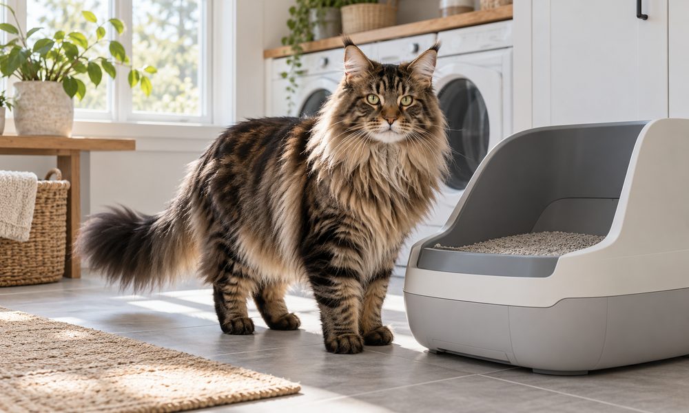 Large cat standing beside an open-top automatic litter box in a bright home