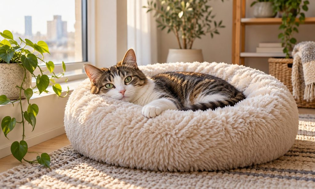 Cat curled on a plush calming bed in a quiet home