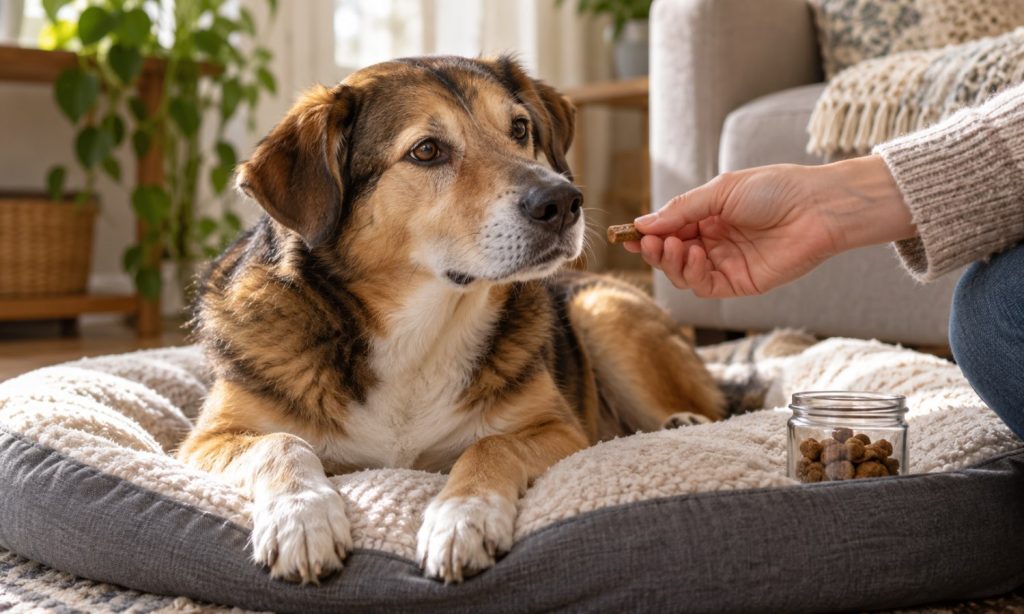 Relaxed senior mixed-breed dog being offered a small treat at home