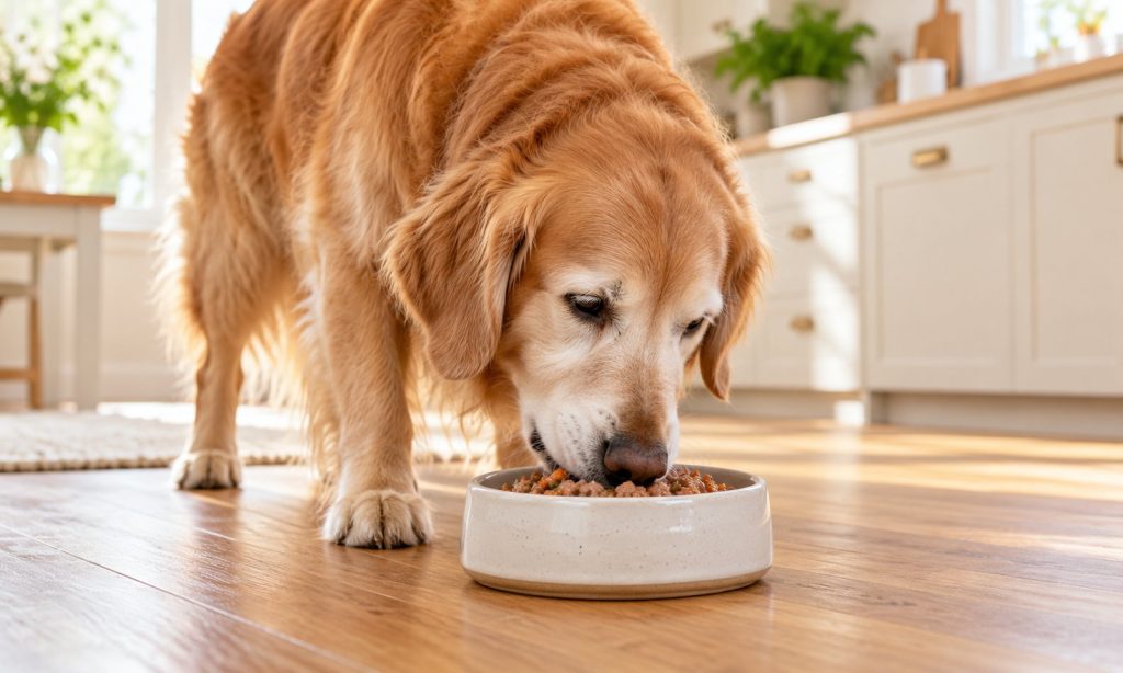 Senior golden retriever eating wet dog food from a bowl