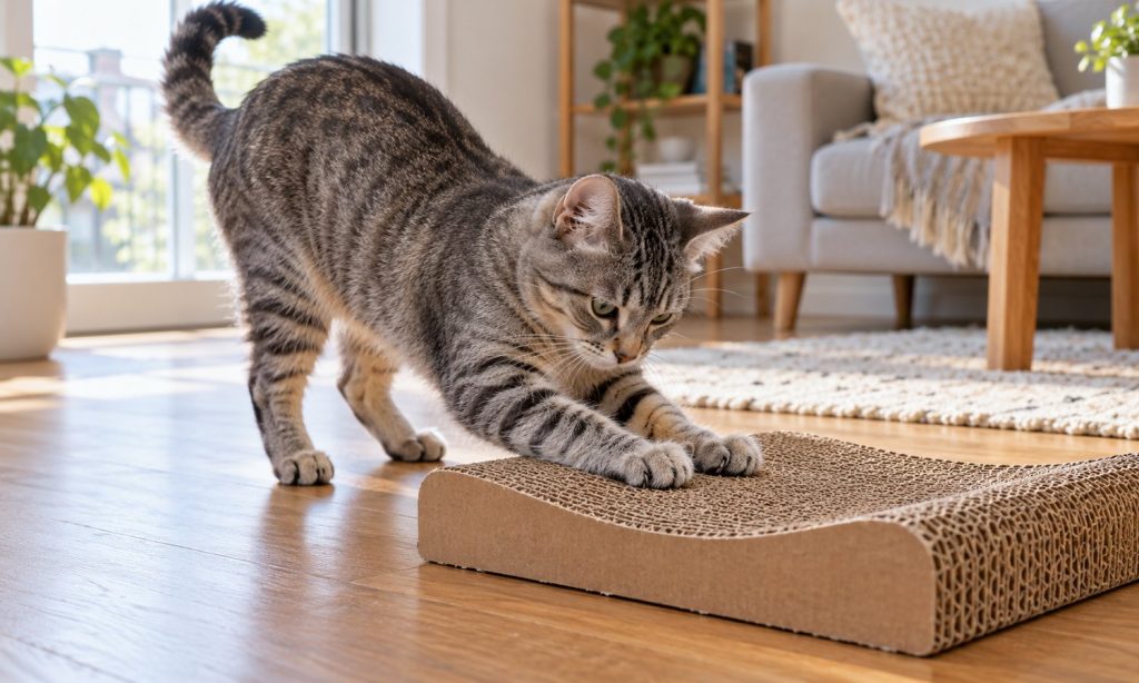 Gray tabby cat scratching a corrugated cardboard pad on a wood floor