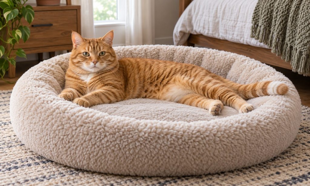 Orange tabby cat stretched out in a roomy round plush bed