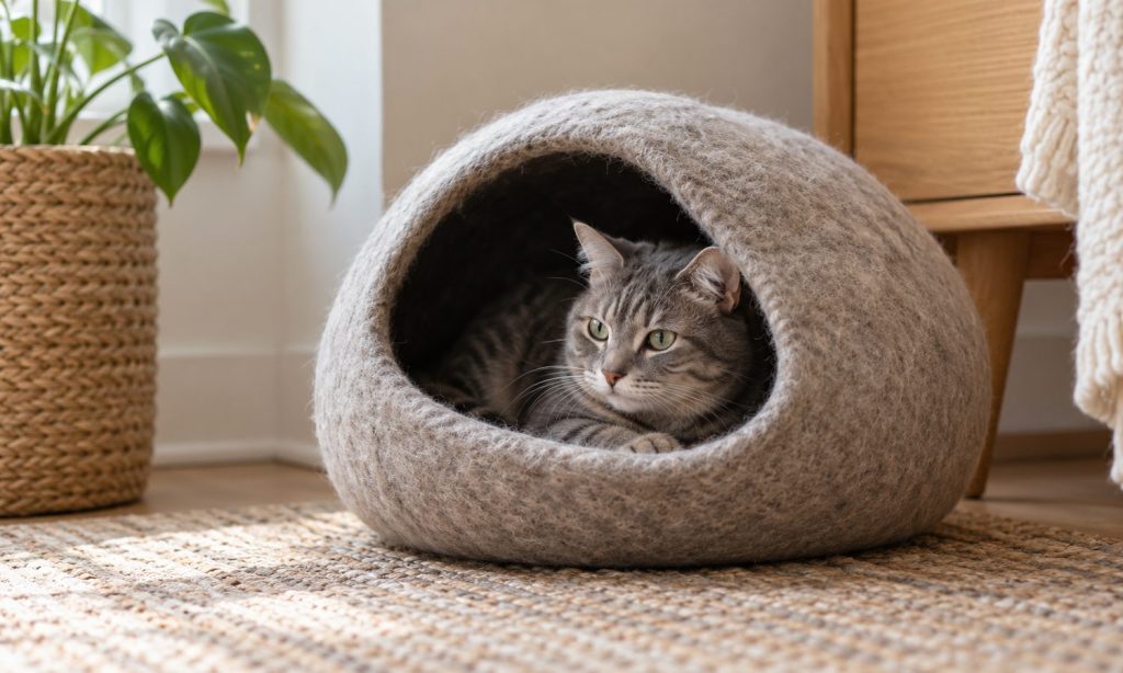 A shy gray tabby cat peeking calmly from a soft felt cat cave in a quiet home