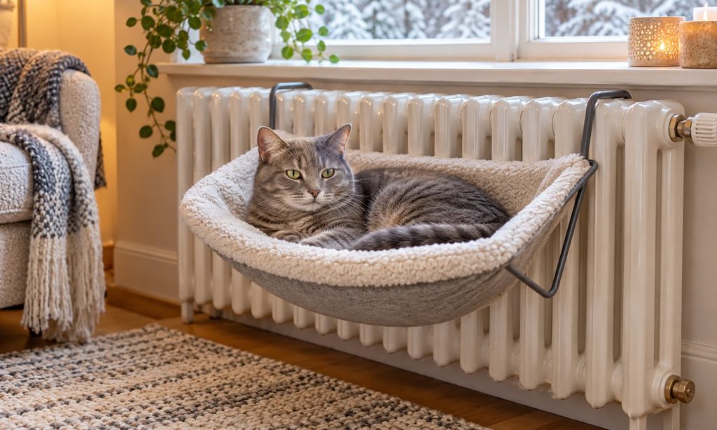 Gray cat resting in a hanging hammock mounted on a radiator