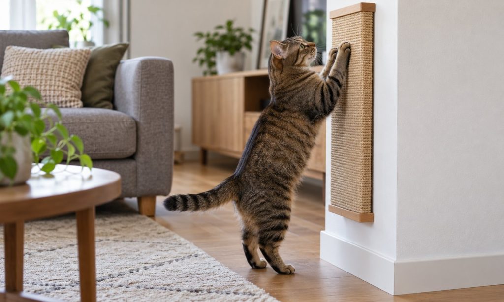 Brown tabby cat stretching to use a compact wall-mounted scratch pad in an apartment
