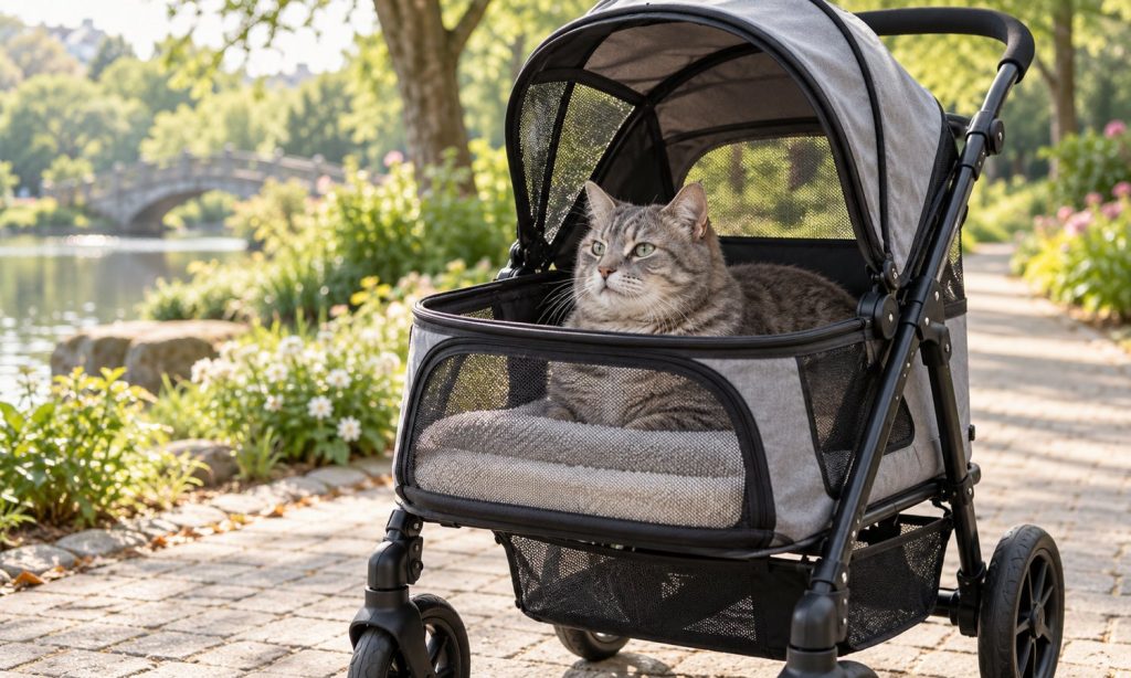 Gray tabby cat resting inside a mesh pet stroller on a park path