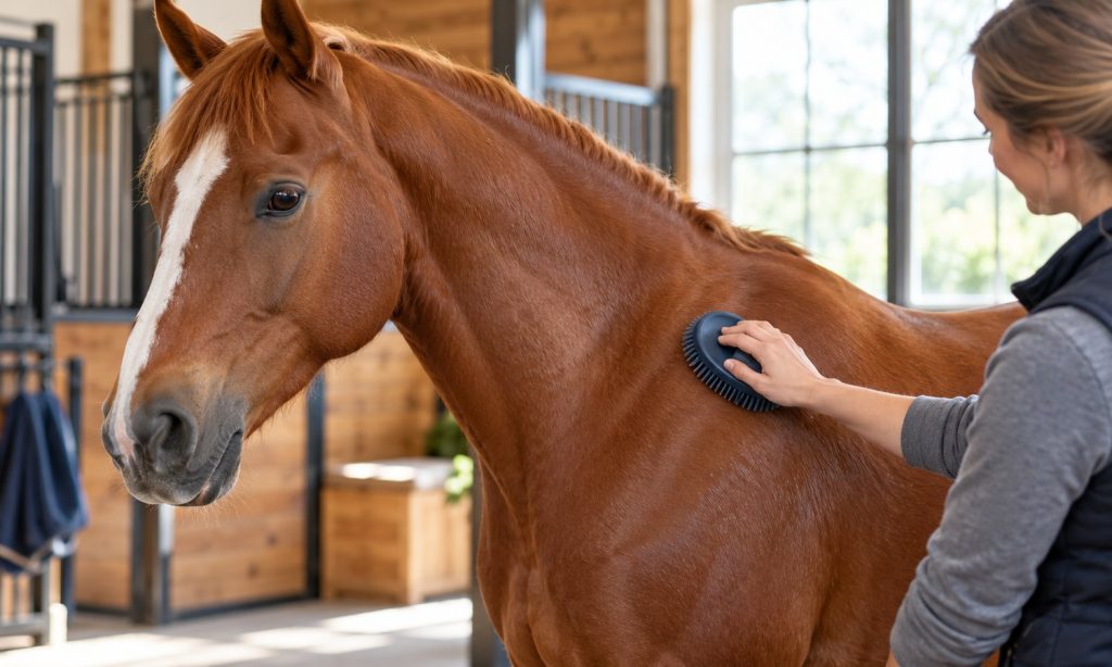 A handler gently uses a flexible curry comb on a calm chestnut horse