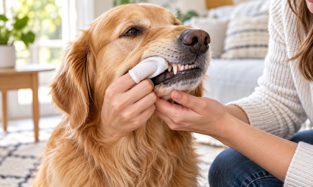 Golden retriever having its teeth gently cleaned with a dental wipe
