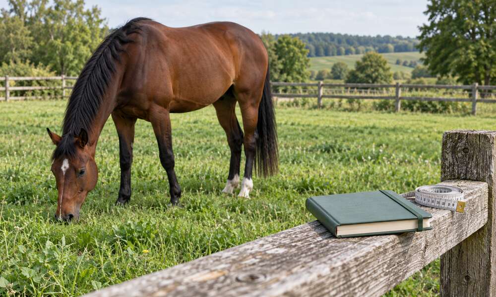 Bay horse grazing in a green paddock beside a fence