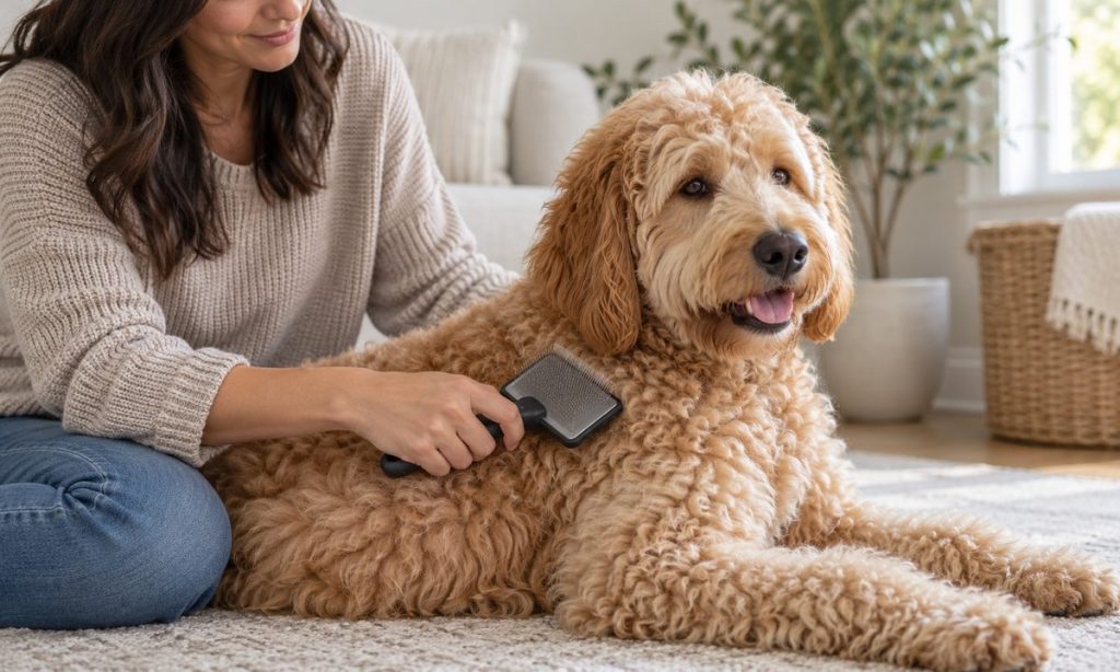 A Goldendoodle is gently brushed with a slicker brush at home.