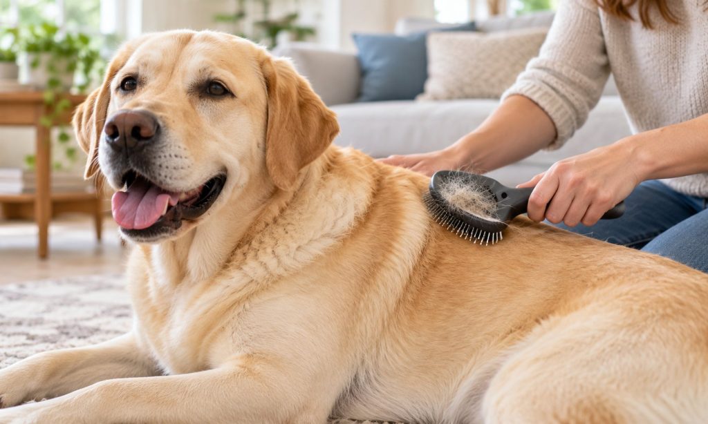 Yellow Labrador retriever being gently brushed at home