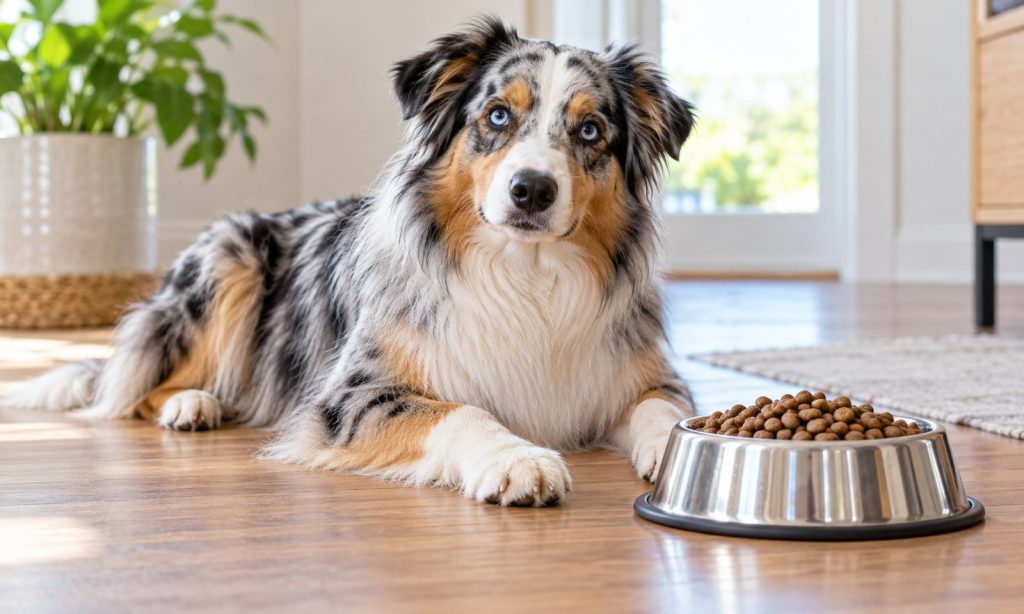 Australian Shepherd beside a bowl of dog food in a bright home
