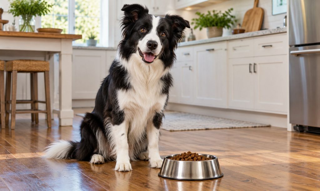 Adult Border Collie sitting beside a dry-food bowl in a bright kitchen