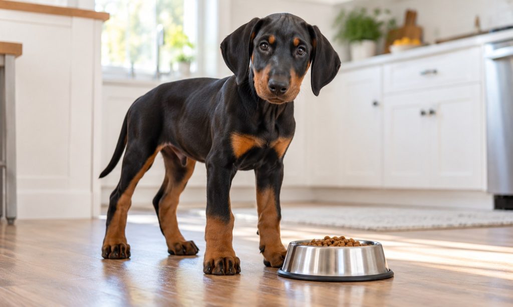 Doberman puppy beside a bowl of puppy kibble in a bright home