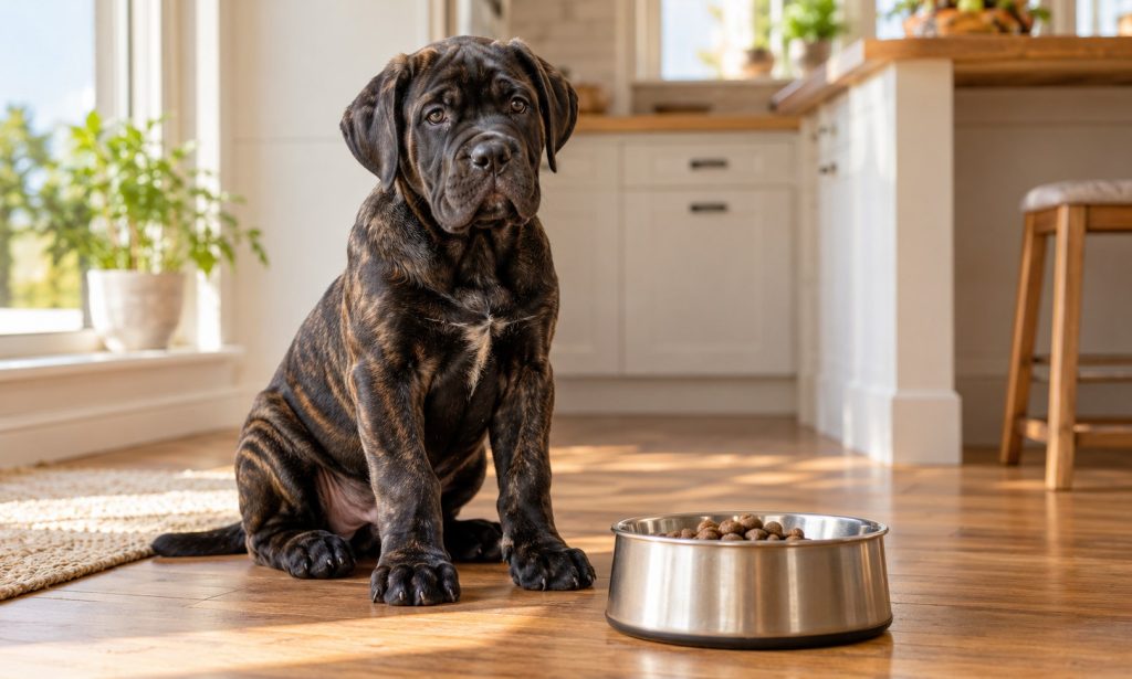 Brindle Cane Corso puppy beside a bowl of food in a bright kitchen