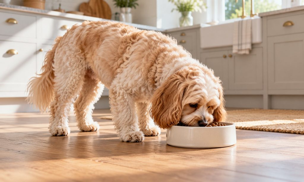 Cream and apricot Cavapoo eating from a bowl in a bright kitchen