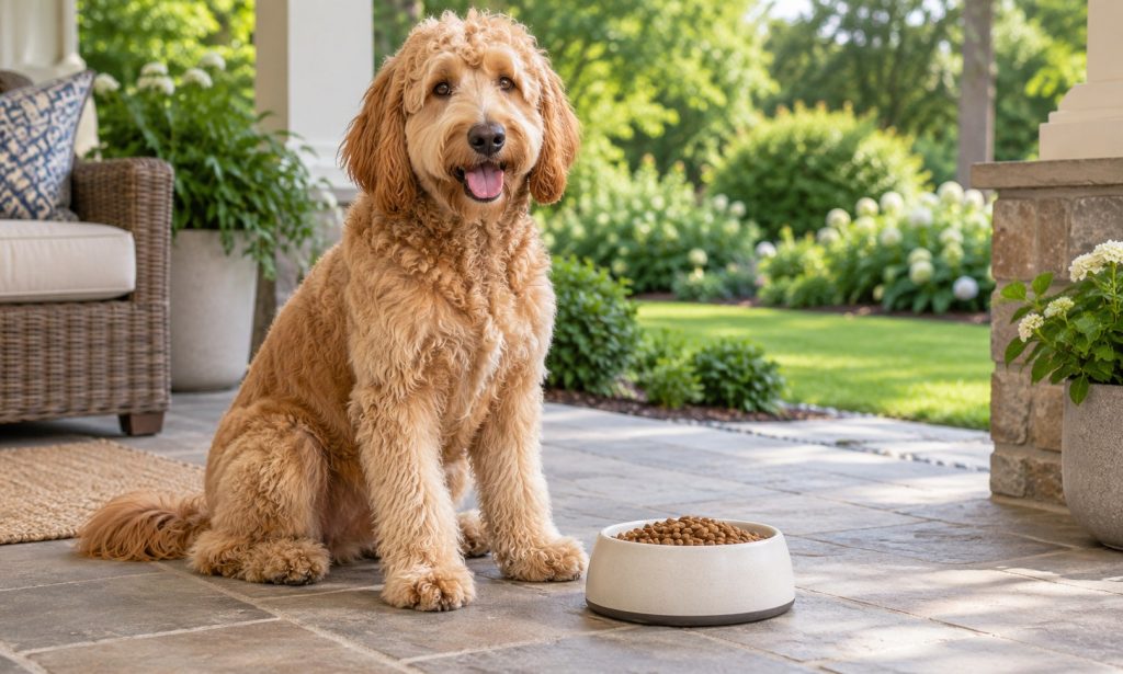 Golden doodle sitting beside a bowl of food on a garden patio